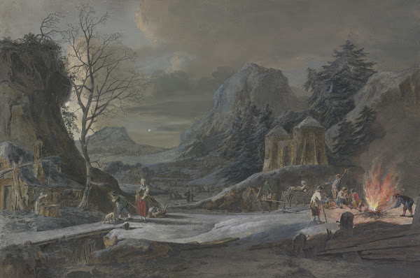 Winterlandschaft im Mondschein rechts unterhalten Bauern ein großes Feuer 1777