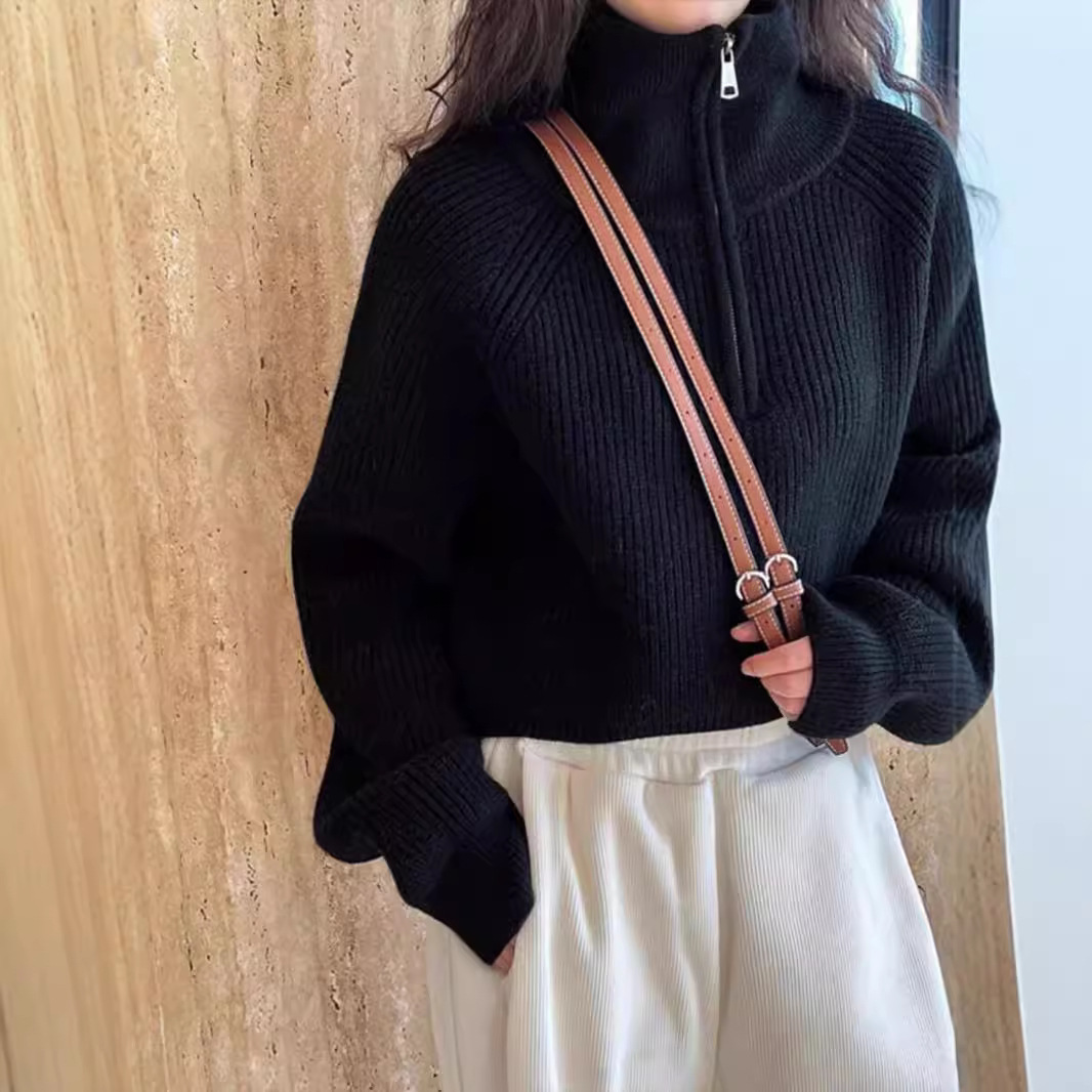 American Retro Knitted Pullover with Half Zipper