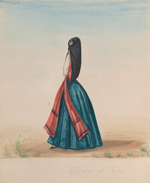 A woman wearing the saya and manto standing in profile ca 1848