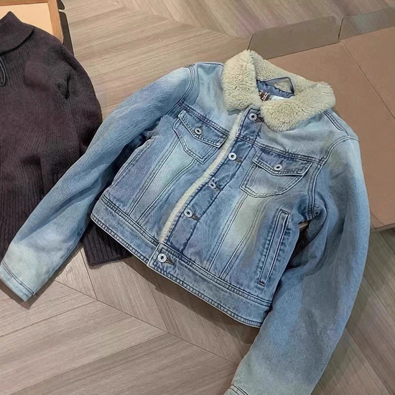 Vintage Denim Jacket with Lamb Fleece Lining