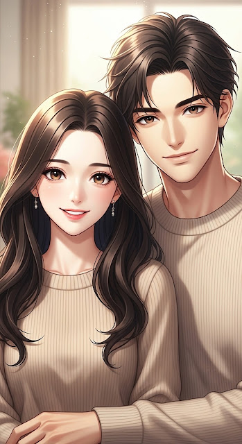 Smiling Anime Couple in Matching Beige Sweaters - Free mobile Wallpaper
