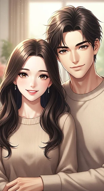 Smiling Anime Couple in Matching Beige Sweaters