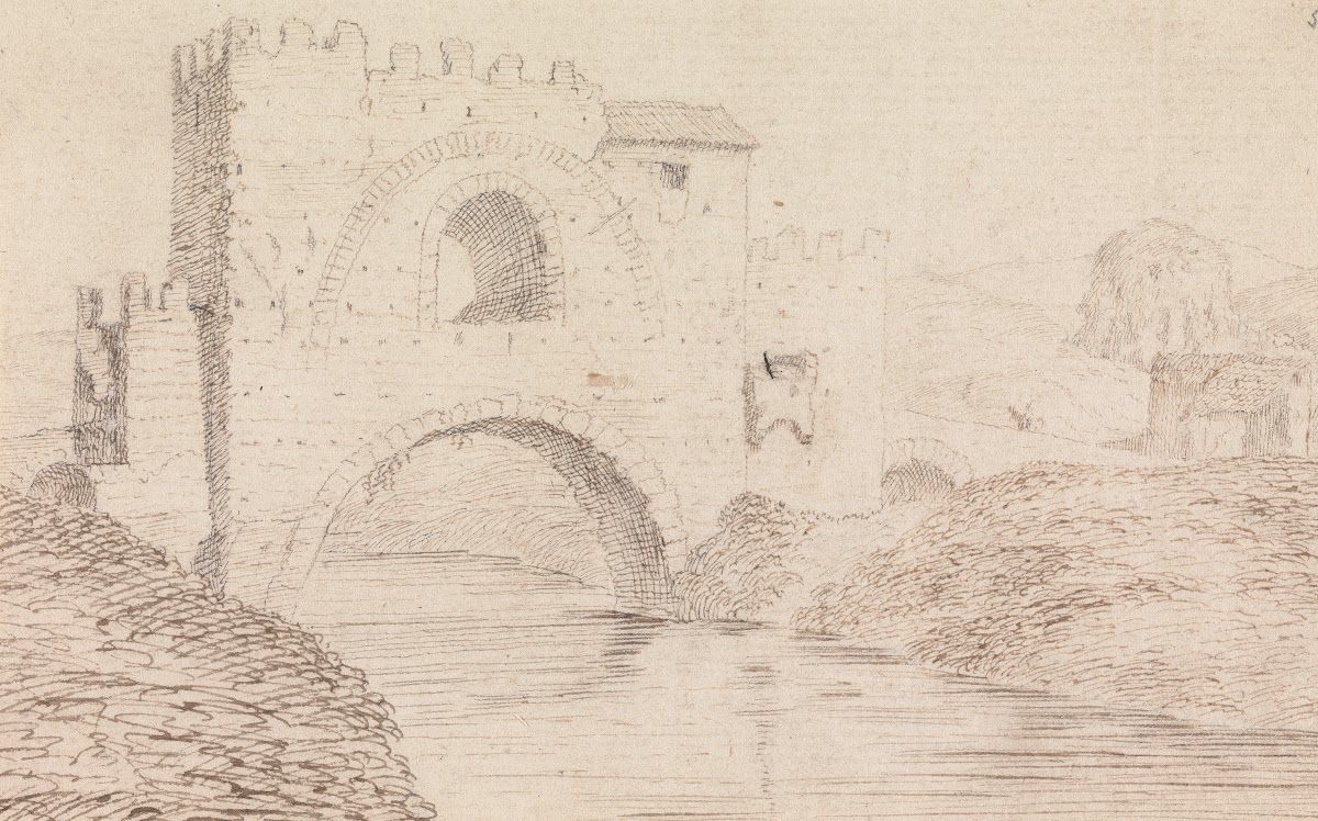 River with Stone Covered Bridge and Arched Window