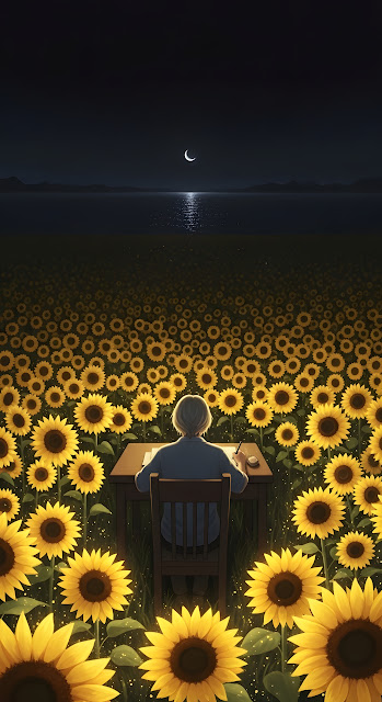 Man Writing at Desk in Sunflower Field Under Moonlight - Free mobile Wallpaper
