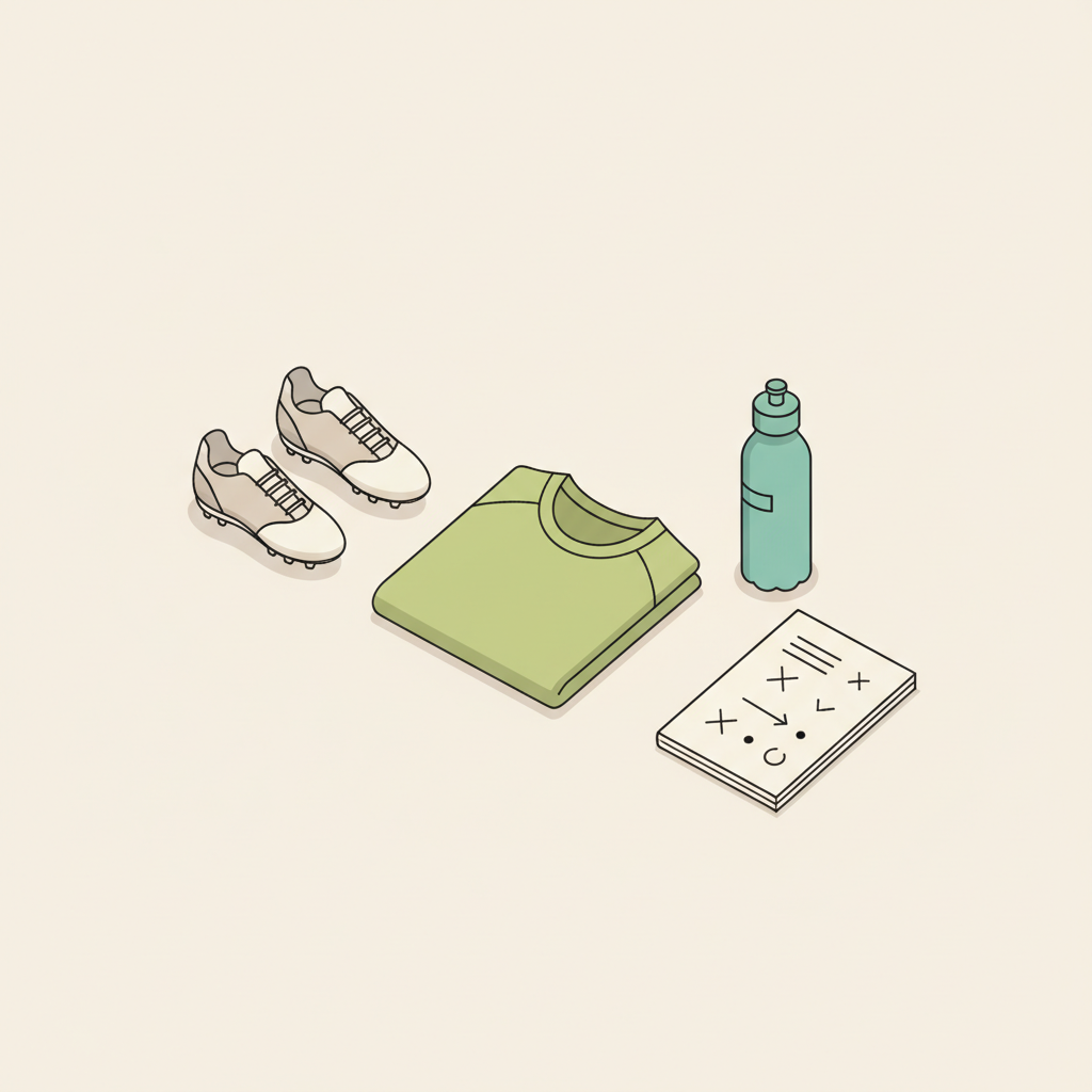 Nahaufnahme Trainingsausrüstung am Fußballfeldrand: Stiefel, gefaltetes Trainingshemd, Trinkflasche und Notizbuch mit abstrakten Notizen – Muskelaufbau Fußball.