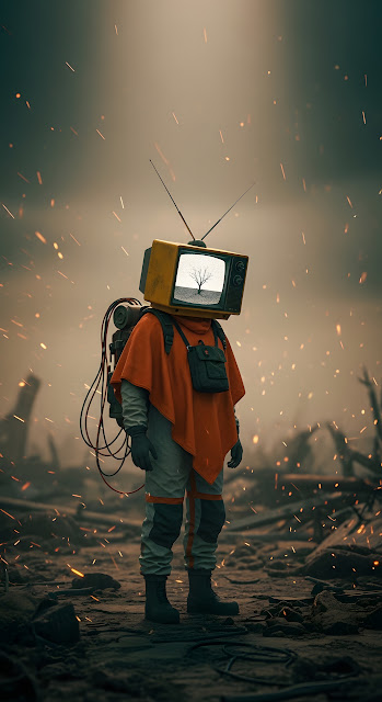 Post-Apocalyptic TV Head Figure with Tree on Screen - Free mobile Wallpaper
