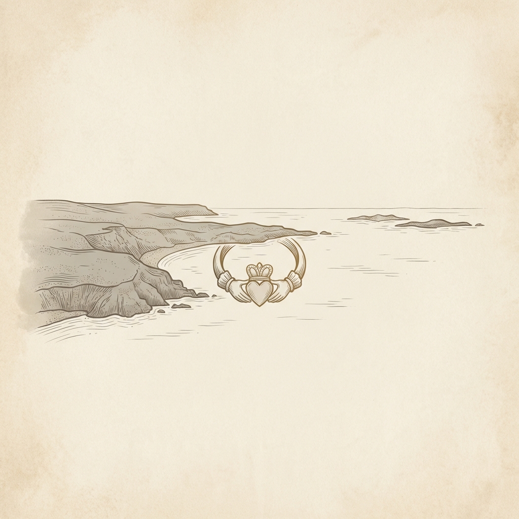 Minimalist historical illustration of Galway coastline with a stylised Claddagh motif and ancient order of hibernians ring inspired bronze accent on a beige background