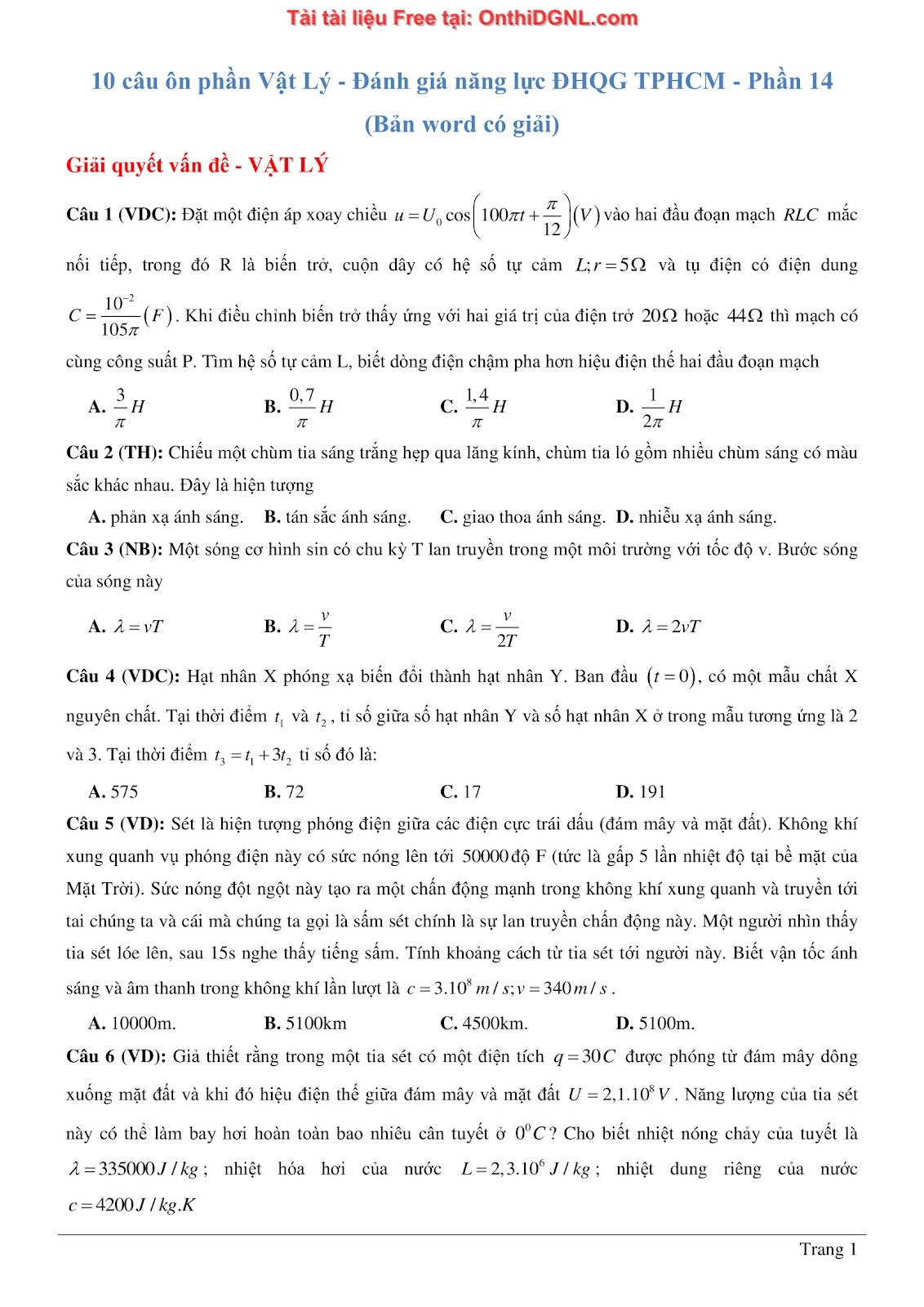 300 bài tập môn Vật Lý - Ôn thi ĐGNL ĐHQG TPHCM Phần 14