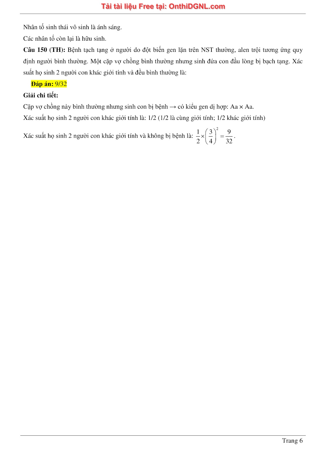 150 bài tập môn Sinh học - Ôn thi ĐGNL ĐHQG HN Phần 8