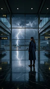 Lone Figure in Empty Airport Terminal Midnight Storm Wallpaper
