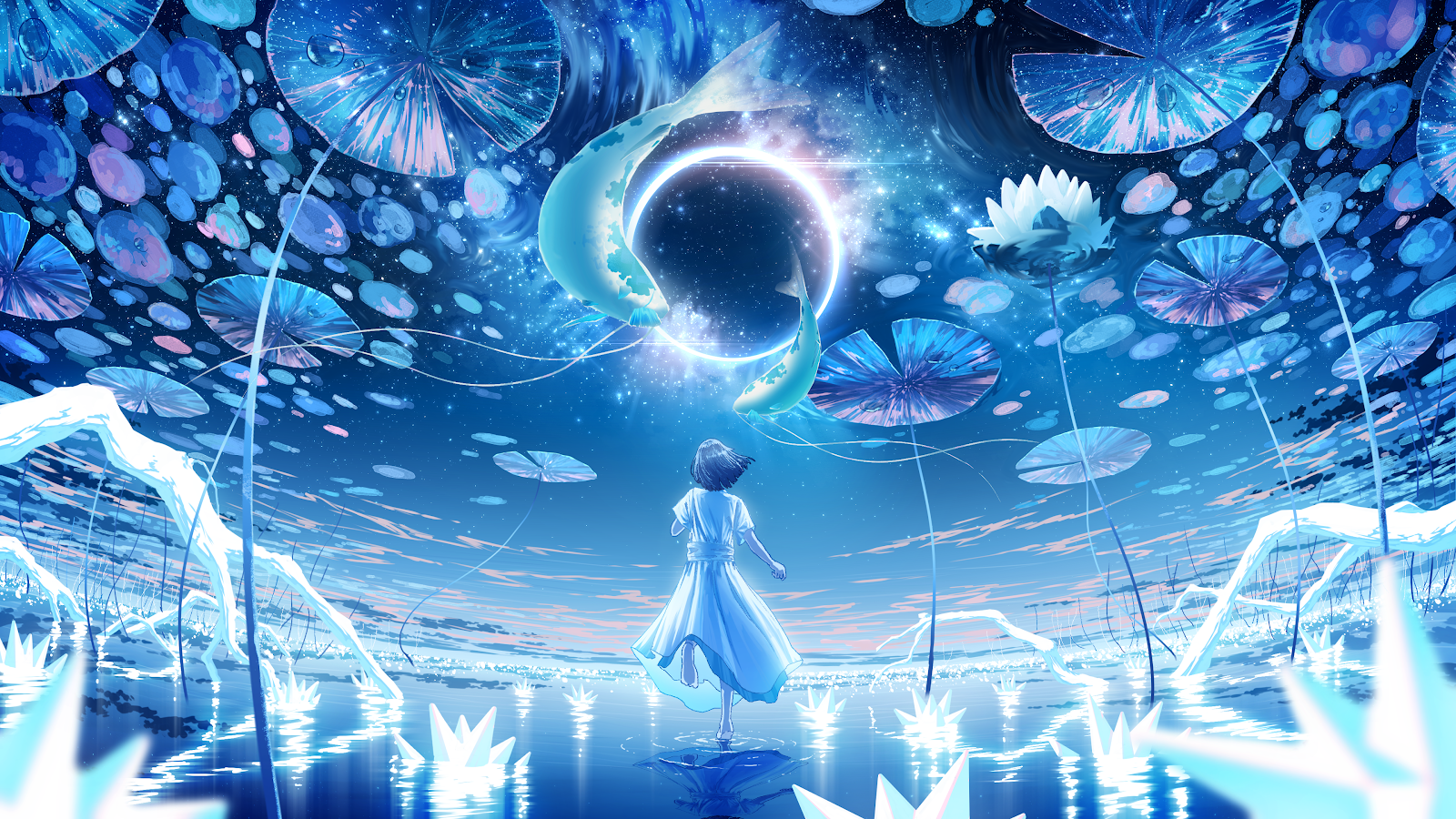 Fantasy Art, Fish Illustration, Water Lilies, Surreal Scene 4K Wallpaper Background (3840x2160)