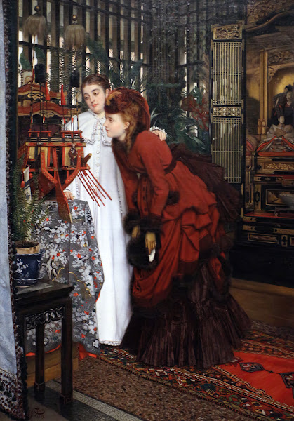 Young woman looking at Japanese items 1869
