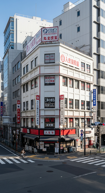 High-Angle View of Traditional Japanese Corner Store at City Crossroads - Free mobile Wallpaper