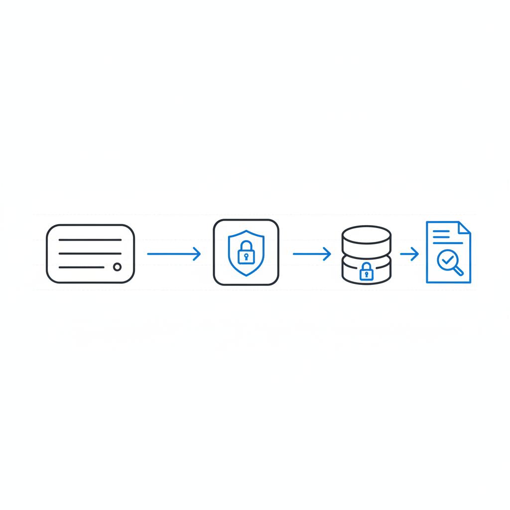Minimalist 2D vector sketch of a secure client intake flow for law firms showing contact form, secure portal, encrypted storage and attorney review &mdash; law firm website builders