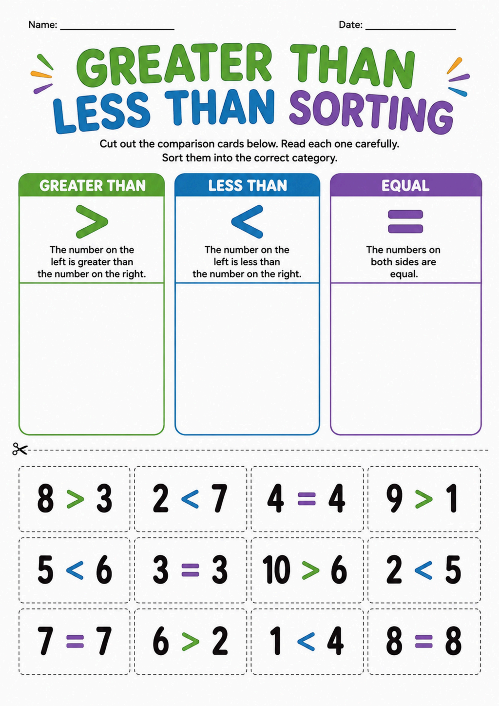 Greater Than Less Than Sorting Worksheet
