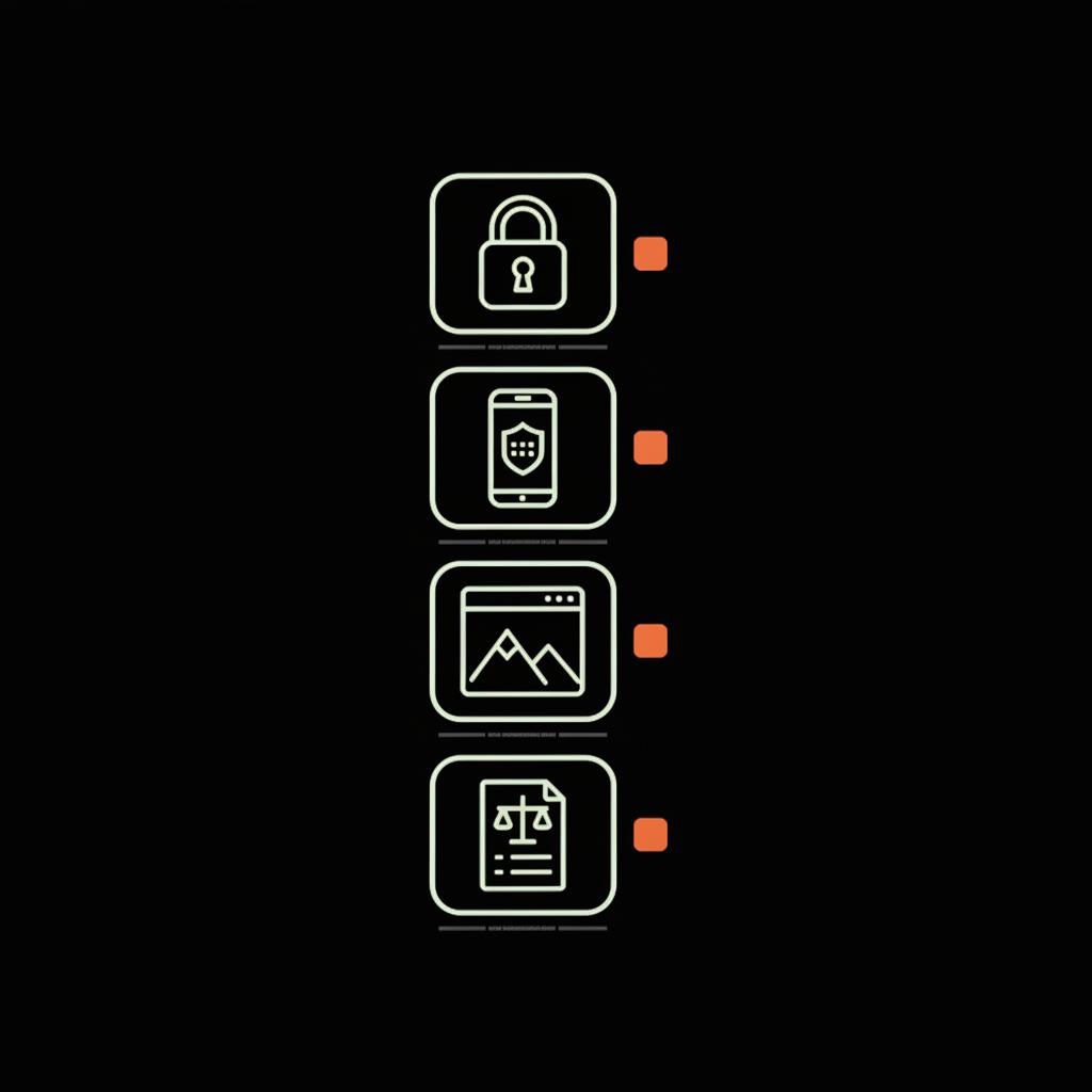 Minimal vector checklist infographic for account recovery showing four icons: password, 2FA, screenshot evidence, and legal steps on a black background with brand accent blocks.