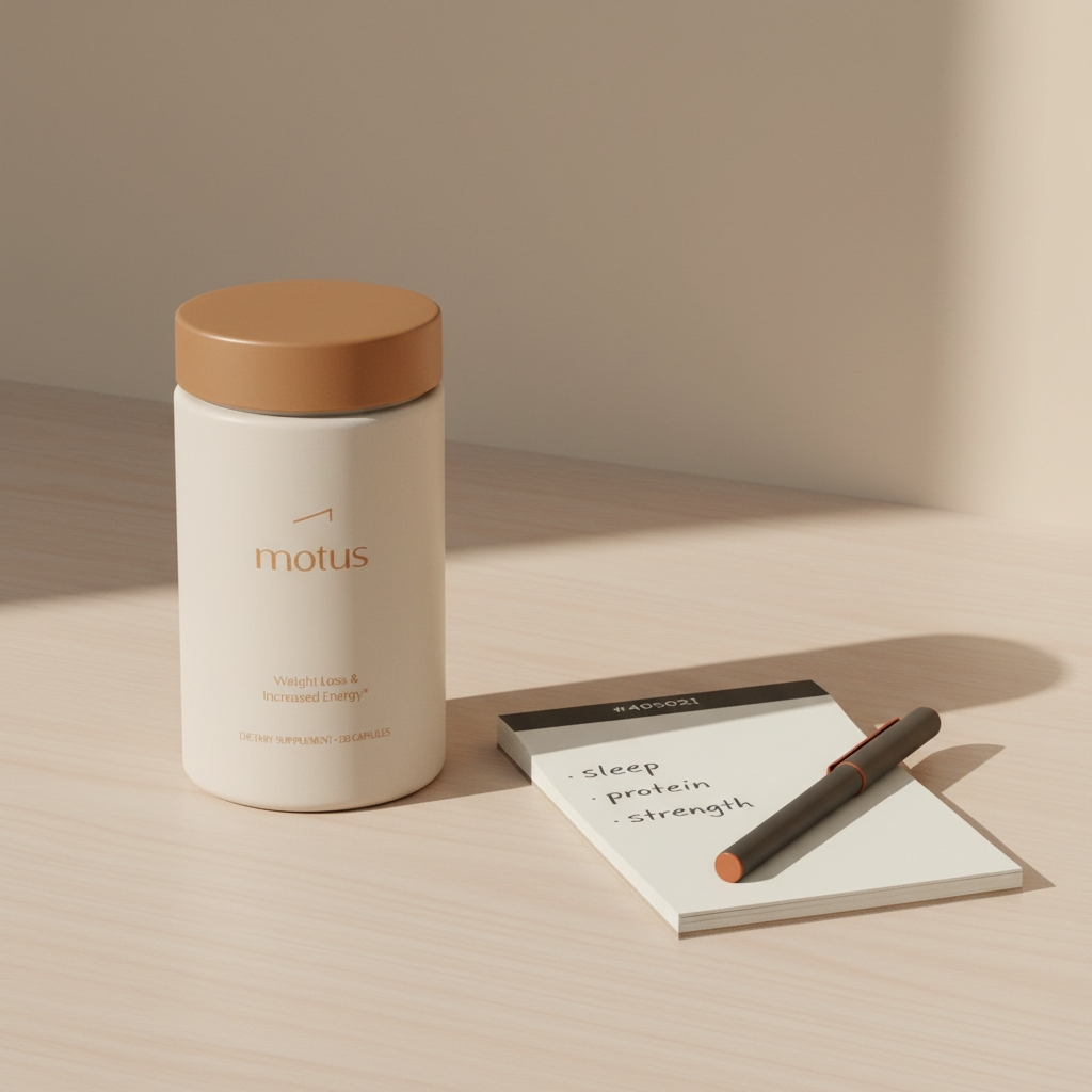 Close-up of Tonum Motus supplement bottle on a neutral wooden table beside a minimal notepad listing sleep, protein, strength, bright minimalist composition — best fat burners 2025