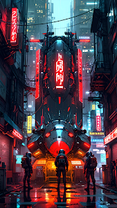 Cyberpunk Alley with Neon Ship and Astronauts Under Rain