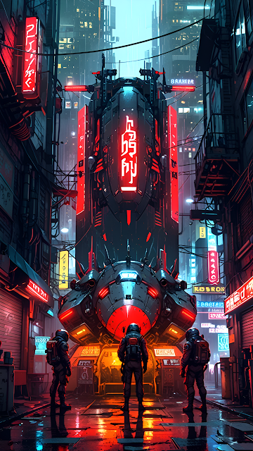 Cyberpunk Alley with Neon Ship and Astronauts Under Rain - Free mobile Wallpaper
