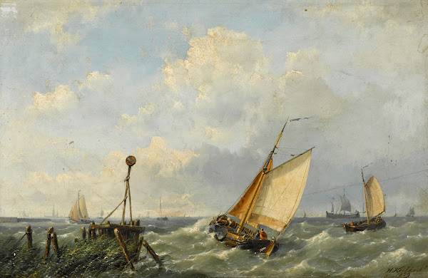 Fishing boats in a stiff breeze offshore 1859