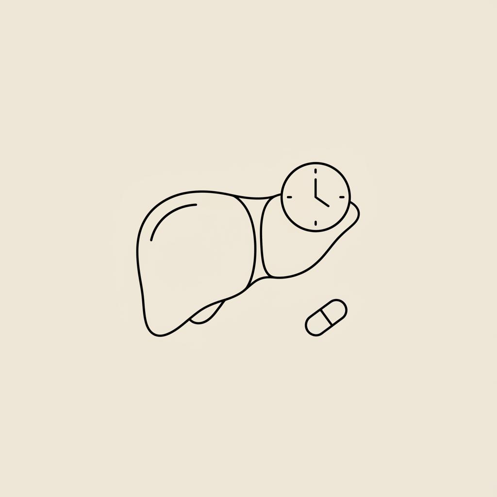 Minimal Tonum-style vector line illustration of a liver with a small clock overlay and a capsule — visual for How much alcohol can the liver metabolize in a day?