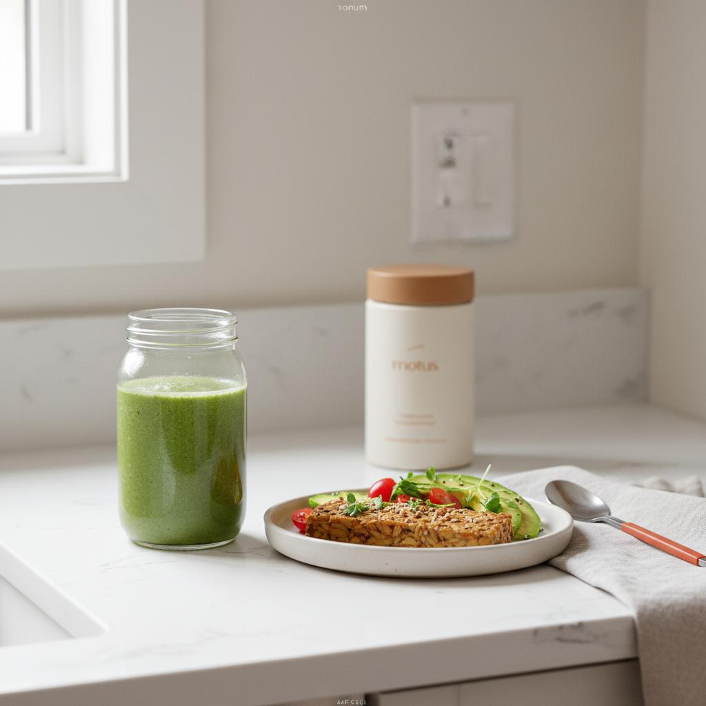 Minimalist kitchen counter with a pea-protein smoothie, tempeh breakfast bowl and Tonum Motus container placed discreetly in the background, illustrating the 30/30/30 rule for vegans.