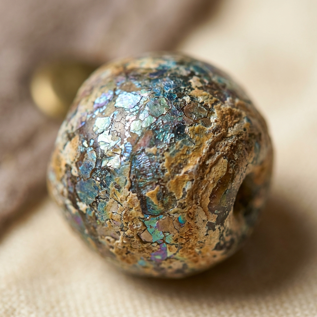 Macro close up of an iridescent weathered Roman glass bead from a roman glass necklace showing magnified texture and patina on a clean cream background
