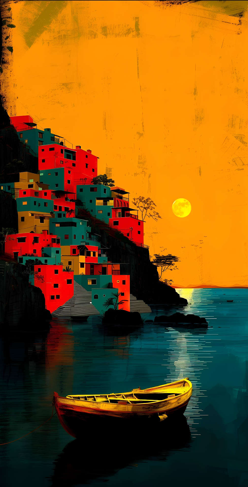 Expressive Coastal Village Art with Orange Sky and Boat - Free 4K mobile Wallpaper