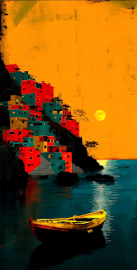 Expressive Coastal Village Art with Orange Sky and Boat