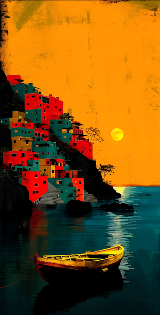 Expressive Coastal Village Art with Orange Sky and Boat - Free mobile Wallpaper