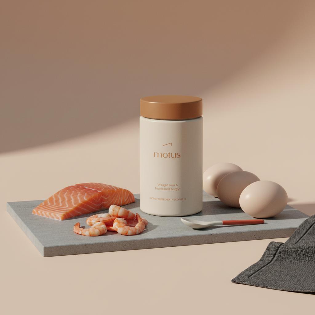 Minimalist studio photo of a Tonum supplement jar labeled Taurine beside a fish fillet, shellfish and eggs on a grey slab, showing taurine and L-taurine food sources.
