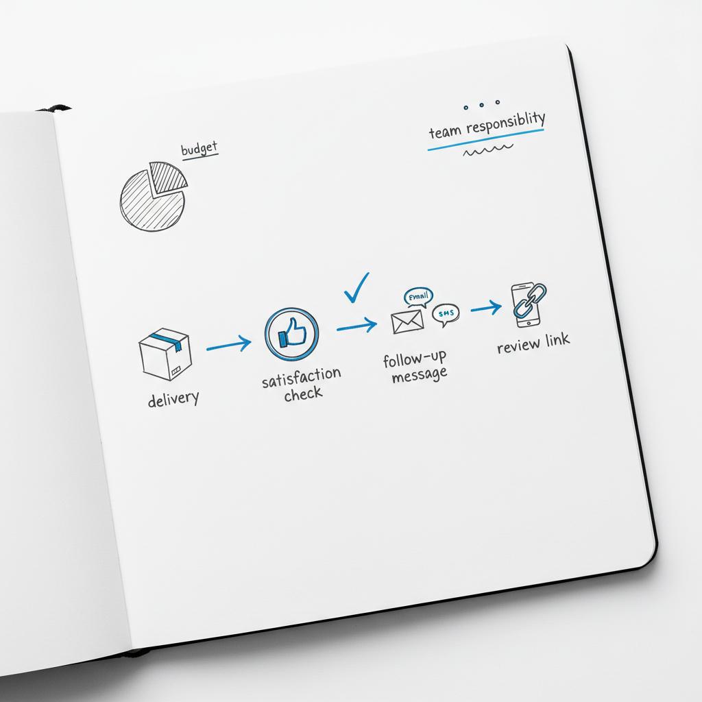 Top-down notebook sketch of a review workflow: delivery → satisfaction check → follow-up → review link with email, SMS and in-app icons, illustrating pay for Google reviews