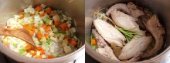 Làm nóng chảo lớn với hai muỗng canh dầu. Xào hành boa rô, cà rốt, cần tây, hành tây và tỏi cho đến khi thơm. Sau đó thêm thịt gà, lá nguyệt quế, hạt tiêu đen, gốc rau mùi và nước vào.