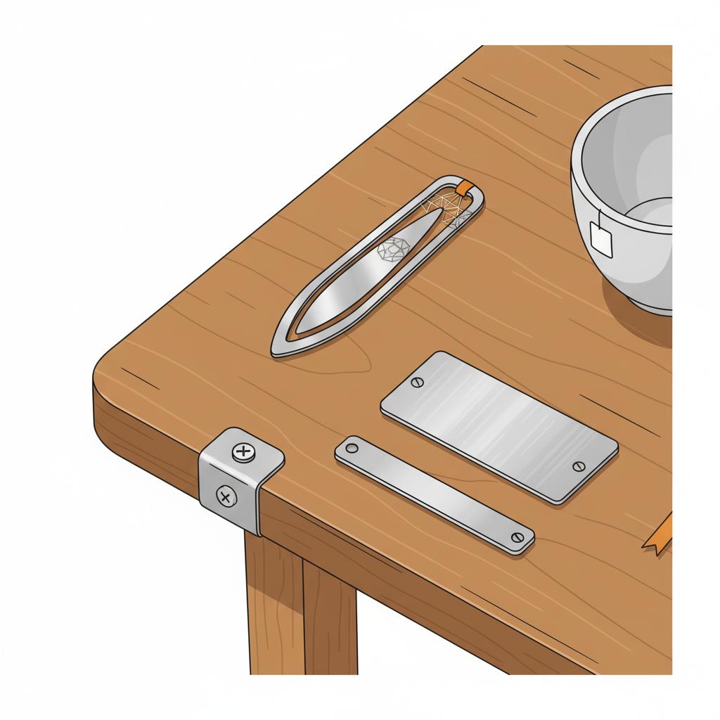 Nahaufnahme eines minimalistischen Geschenksets mit graviertem Metall-Lesezeichen, kleinem Metallschild und Tasse Tee auf Holztisch — Geschenkideen für Leser