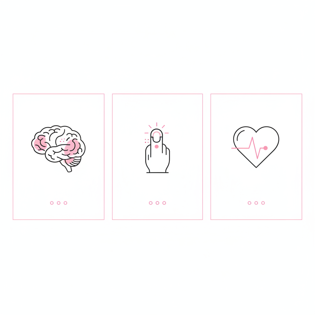 Minimalistische 2D-Vektorinfografik zu Nägelkauen ADHS mit drei Icons (Gehirn, Fingerkuppe, Herz mit Puls) in NailX-Farben auf weißem Hintergrund.