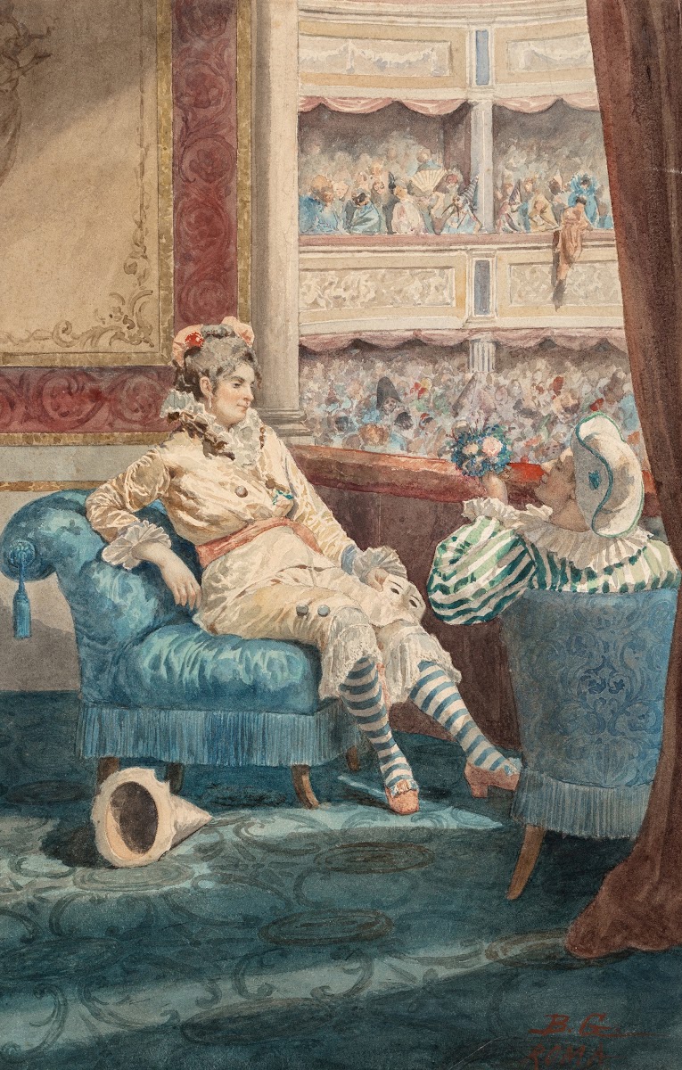 Two figures dressed for Carnival at a theatre