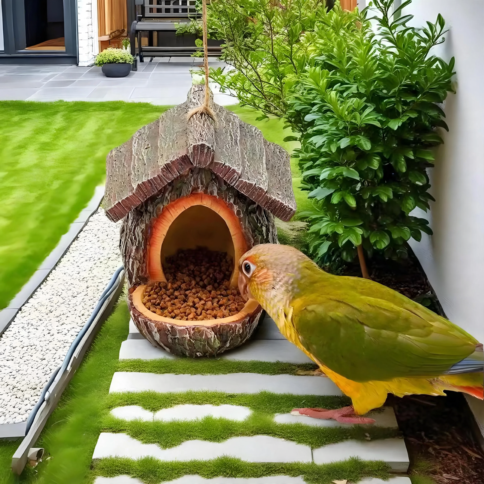 Dekoratives Vogelhaus in Baumstumpf-Optik aus Harz