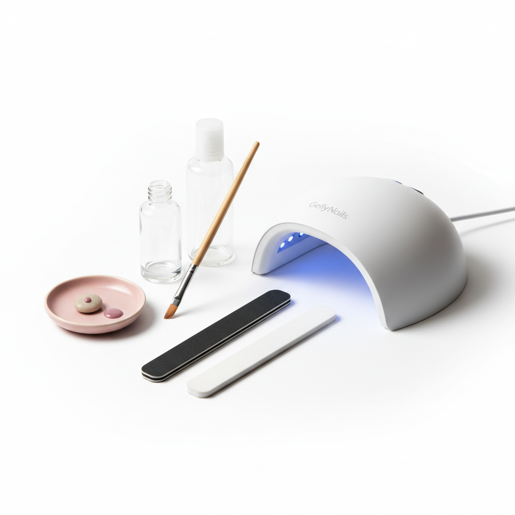 Nahaufnahme der Werkzeuggruppe eines GellyNails Starter Kit auf weißem Hintergrund: UV/LED‑Lampe, Base- &amp; Top‑Fläschchen, Pinsel und Feilen im minimalistischen NailX‑Stil.