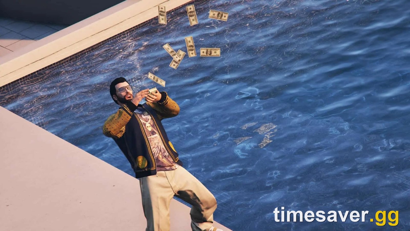 A GTA Online player throwing cash by a pool — the payoff of safe, griefer-free solo money grinding