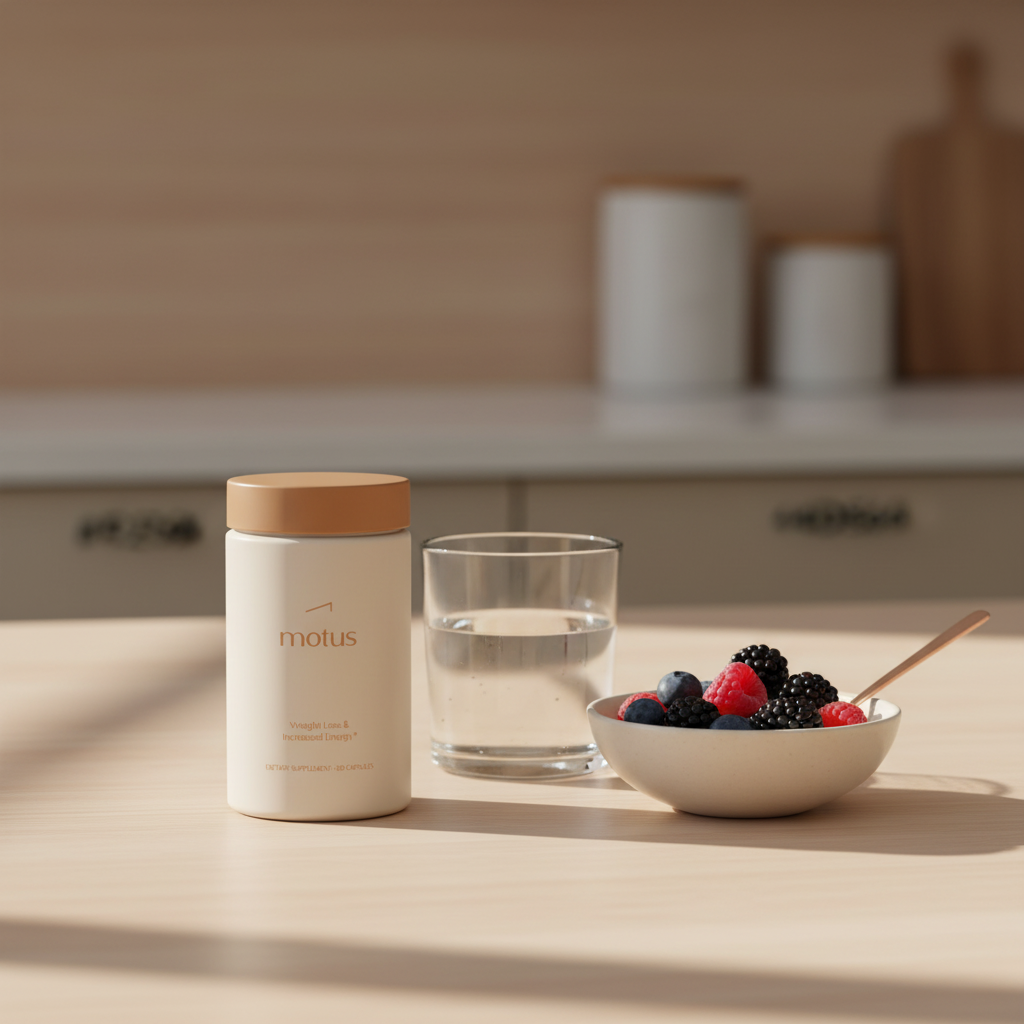 Tonum Motus supplement jar on a minimalist kitchen counter beside a glass of water and a bowl of berries, warm natural light lifestyle scene for weight loss; phentermine and topiramate