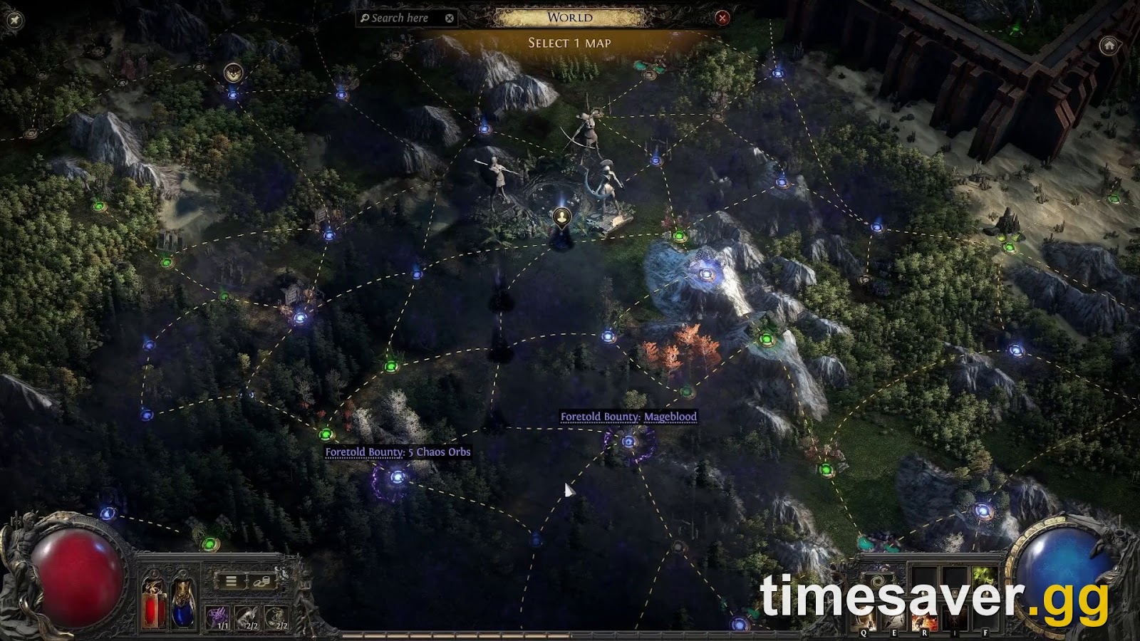 PoE2 World Map with marked encounters, where Forbidden Rites Effigy clusters appear on zone bosses
