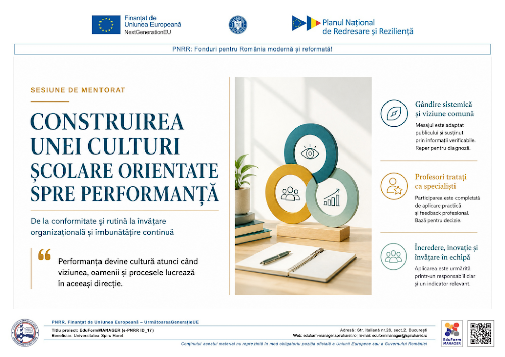Coperta ghidului CONSTRUIREA UNEI CULTURI ȘCOLARE ORIENTATE SPRE PERFORMANȚĂ