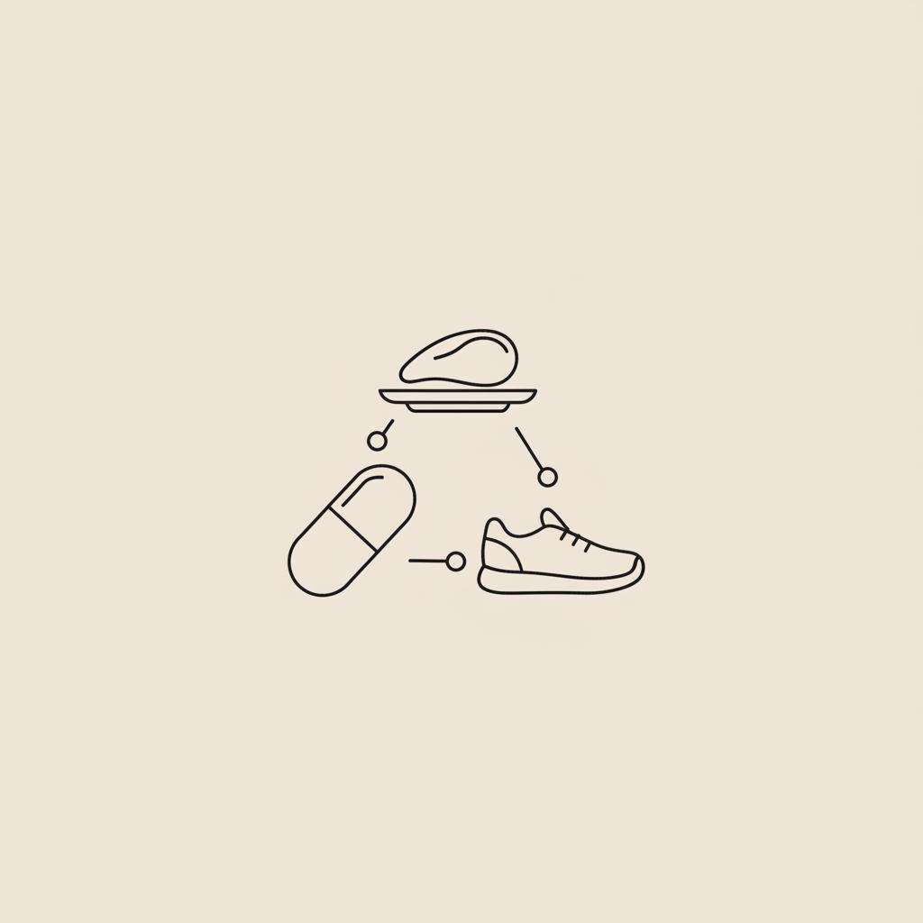 Minimal Tonum-style line illustration of a capsule, walking shoe, and small protein plate connected by thin lines on a beige background — fat burning mode
