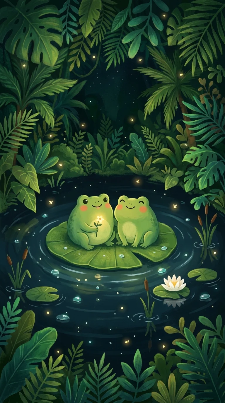 Minimalist Cartoon of Two Frogs Sitting on a Lilypad in a Dark Pond - Free 8K and 4K mobile Wallpaper Background