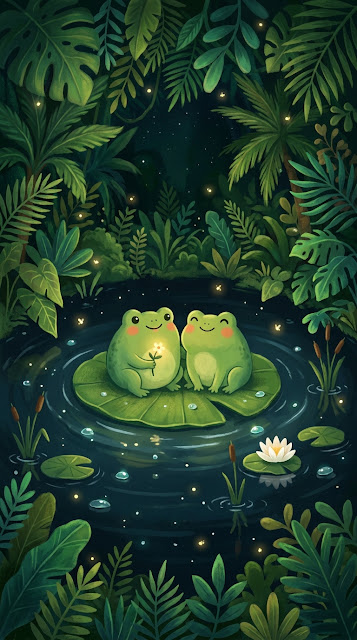 Minimalist Cartoon of Two Frogs Sitting on a Lilypad in a Dark Pond - Free mobile Wallpaper