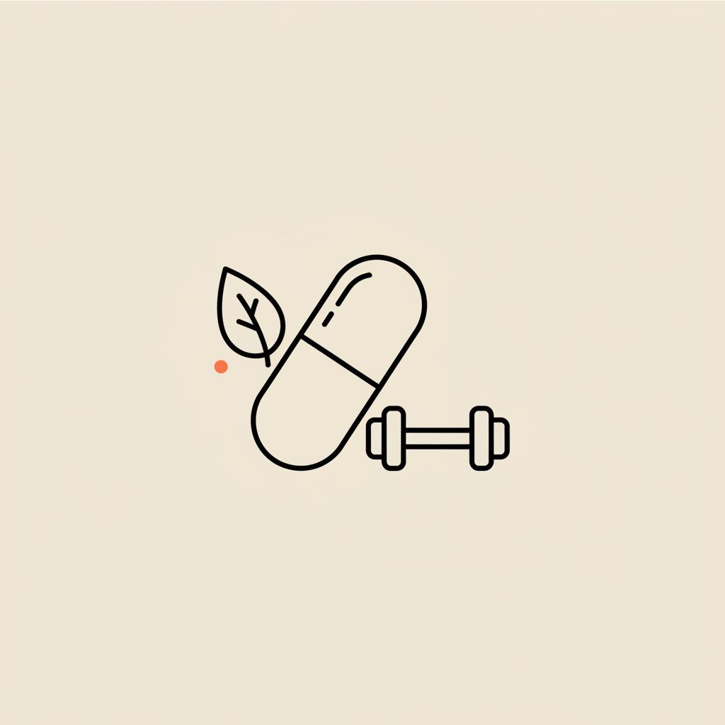 Minimal Tonum-style line illustration of a capsule, leaf, and dumbbell on beige background representing best pre workout for fat loss