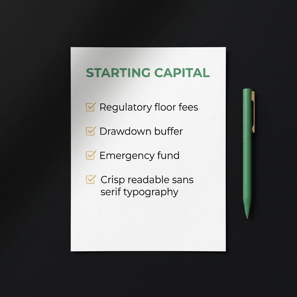 Close up printed starting capital checklist showing regulatory floor fees drawdown buffer emergency fund on a dark minimalist desk how to get started day trading