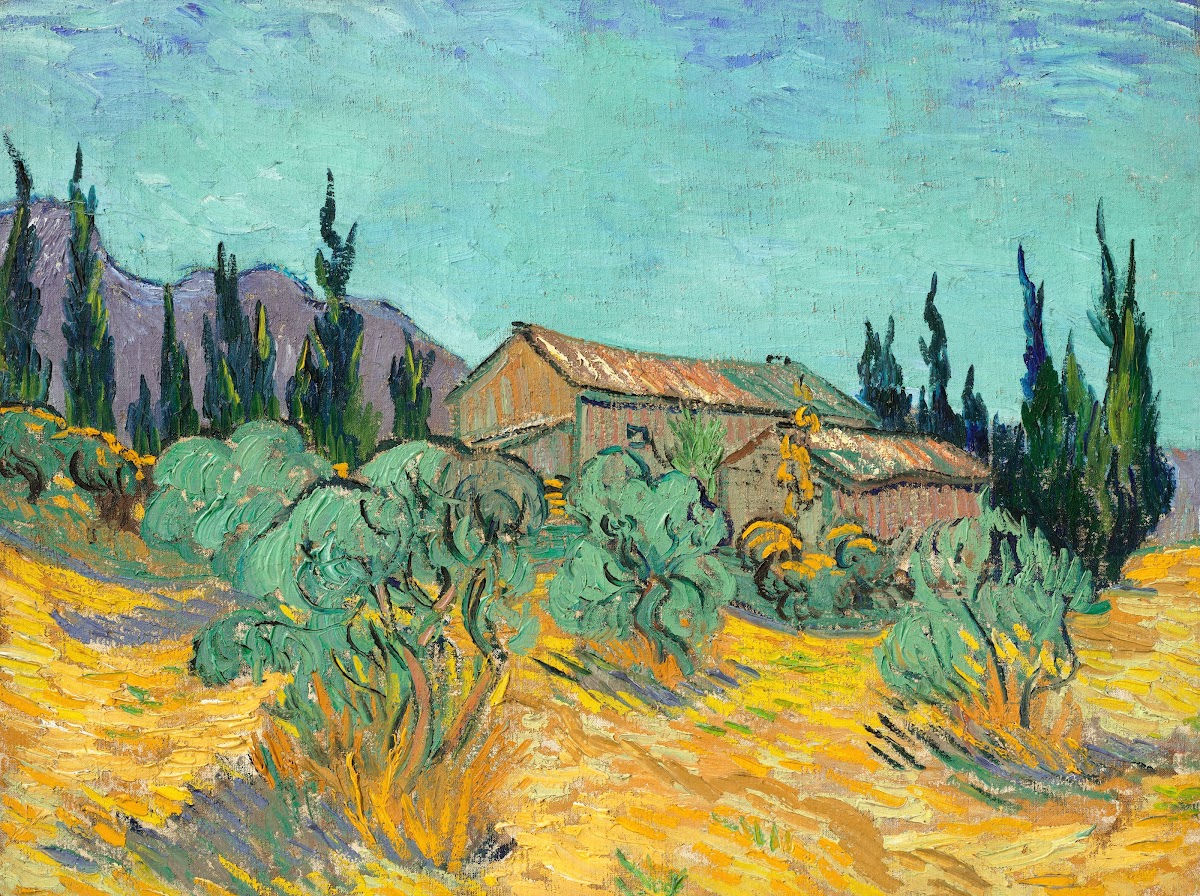 Cabanes de bois parmi les oliviers et cyprès 1889