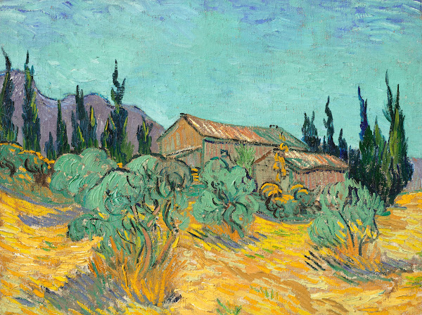 Cabanes de bois parmi les oliviers et cyprès 1889
