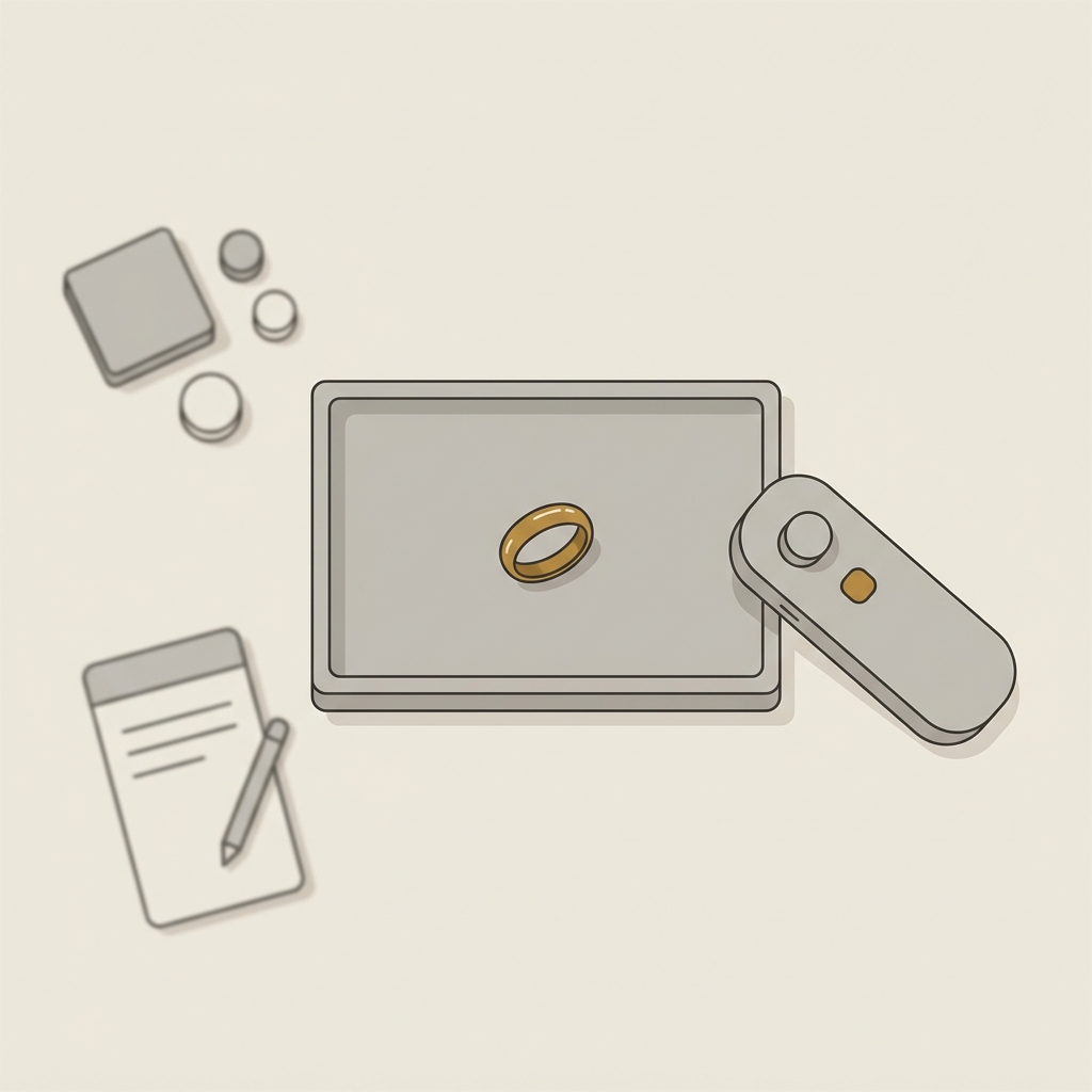 Minimalist 2D vector top view of a conservator workspace with a portable XRF device beside a small roman gold ring and blurred calibration standards